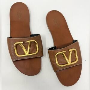Valentino Garavani Vlogo Signature Slide Sandal In Cowhide Brown Leather size 40